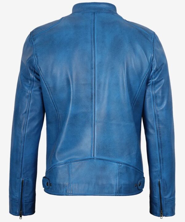 Men’s Distressed Blue Leather Biker Jacket – Vintage Motorcycle Style