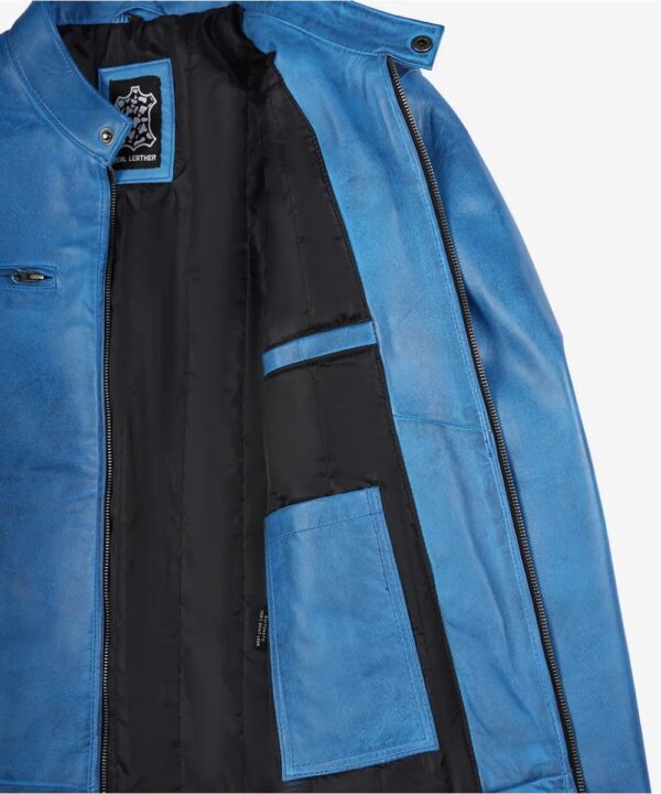 Men’s Distressed Blue Leather Biker Jacket – Vintage Motorcycle Style