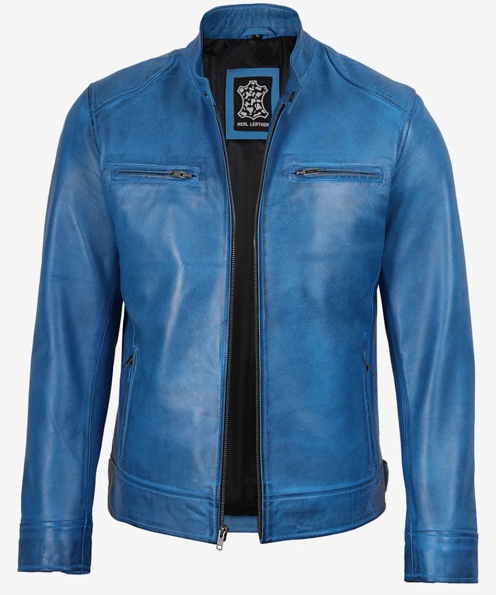 Men’s Distressed Blue Leather Biker Jacket – Vintage Motorcycle Style