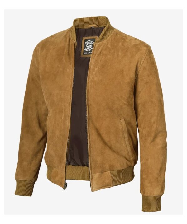 Men’s Light Brown Suede Bomber Jacket – Classic Ribbed Zip-Up Style