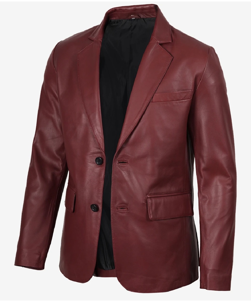 Men’s Maroon Leather Blazer – Two-Button Tailored Style