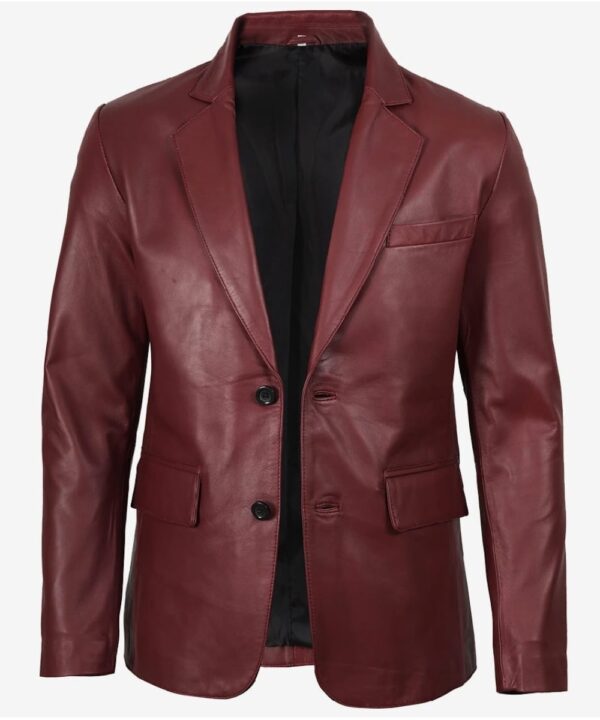 Men’s Maroon Leather Blazer – Two-Button Tailored Style