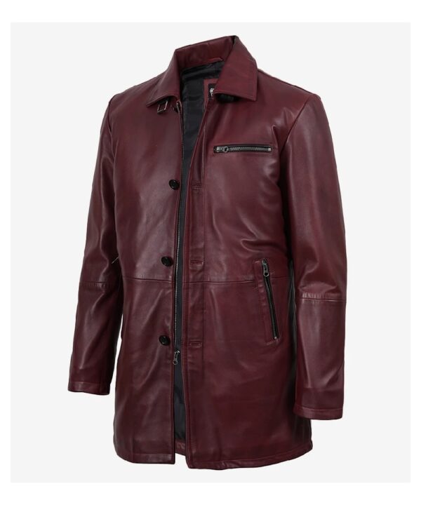 Men’s Maroon Waxed Leather Car Coat – Classic Long Style