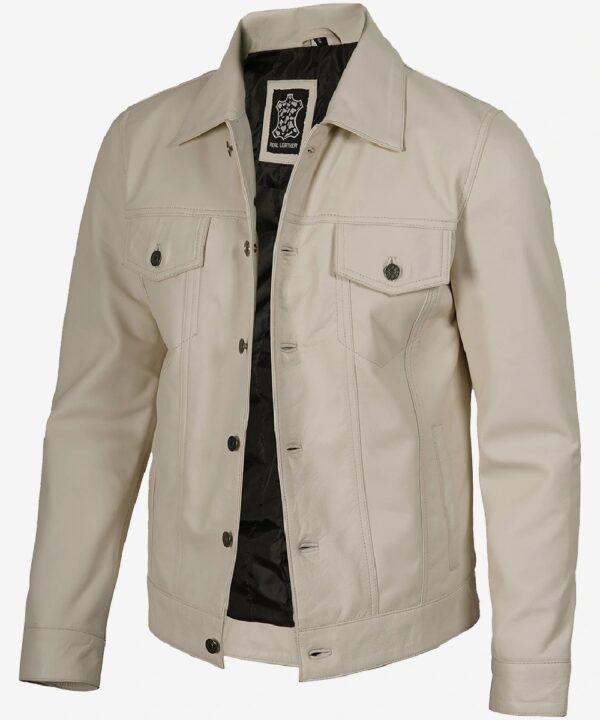 Men’s Off-White Real Leather Trucker Jacket – Four-Pocket Style