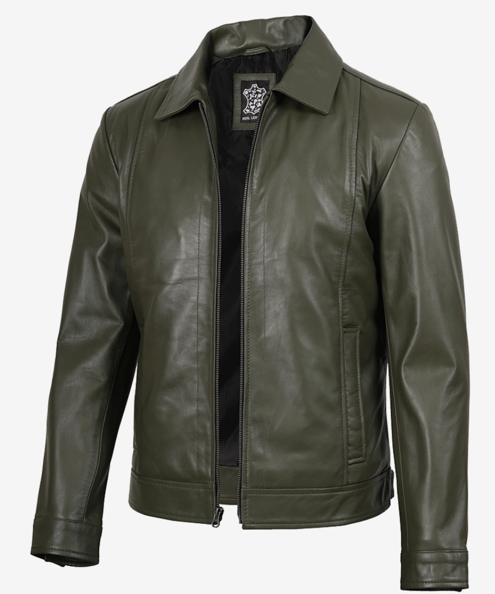 Men’s Olive Green Leather Harrington Jacket – Classic Casual Style