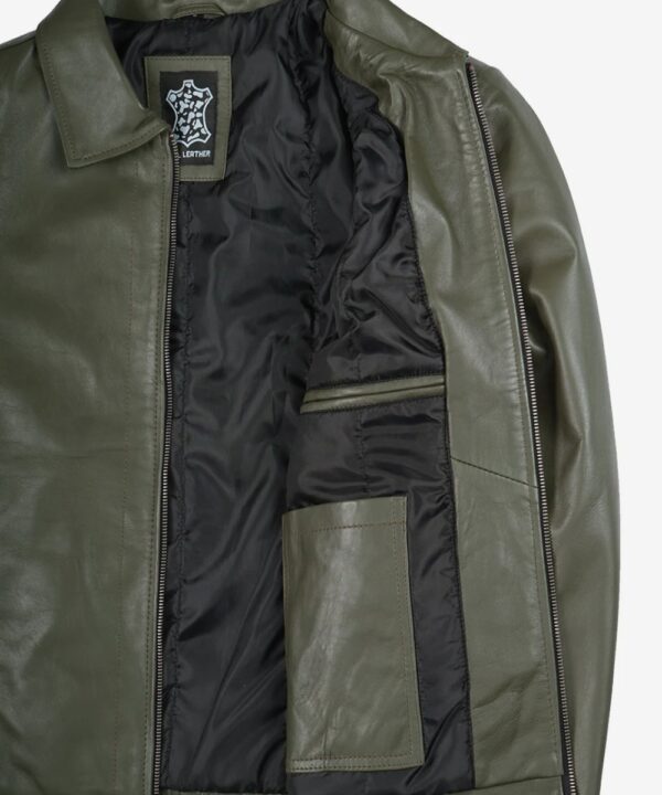 Men’s Olive Green Leather Harrington Jacket – Classic Casual Style