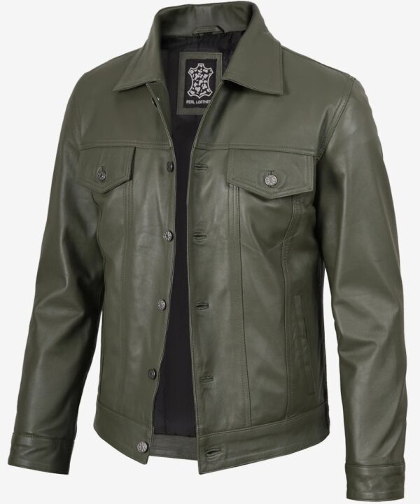 Men’s Olive Green Leather Trucker Jacket – Four-Pocket Utility Style