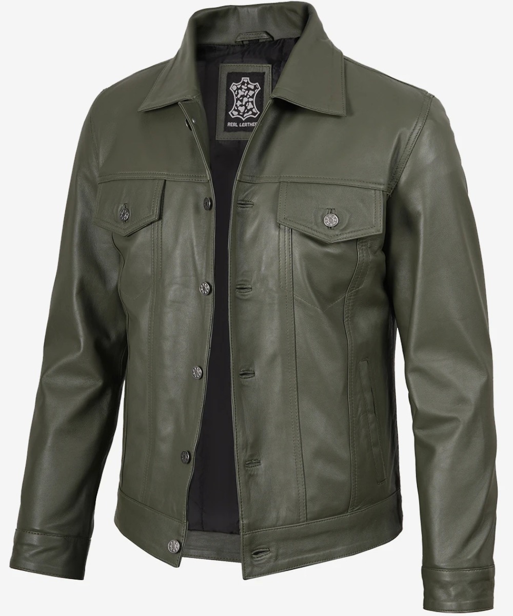 Men’s Olive Green Leather Trucker Jacket – Four-Pocket Utility Style