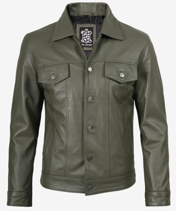 Men’s Olive Green Leather Trucker Jacket – Four-Pocket Utility Style