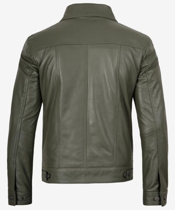 Men’s Olive Green Leather Trucker Jacket – Four-Pocket Utility Style