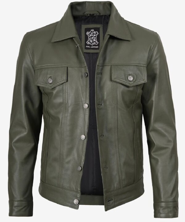 Men’s Olive Green Leather Trucker Jacket – Four-Pocket Utility Style