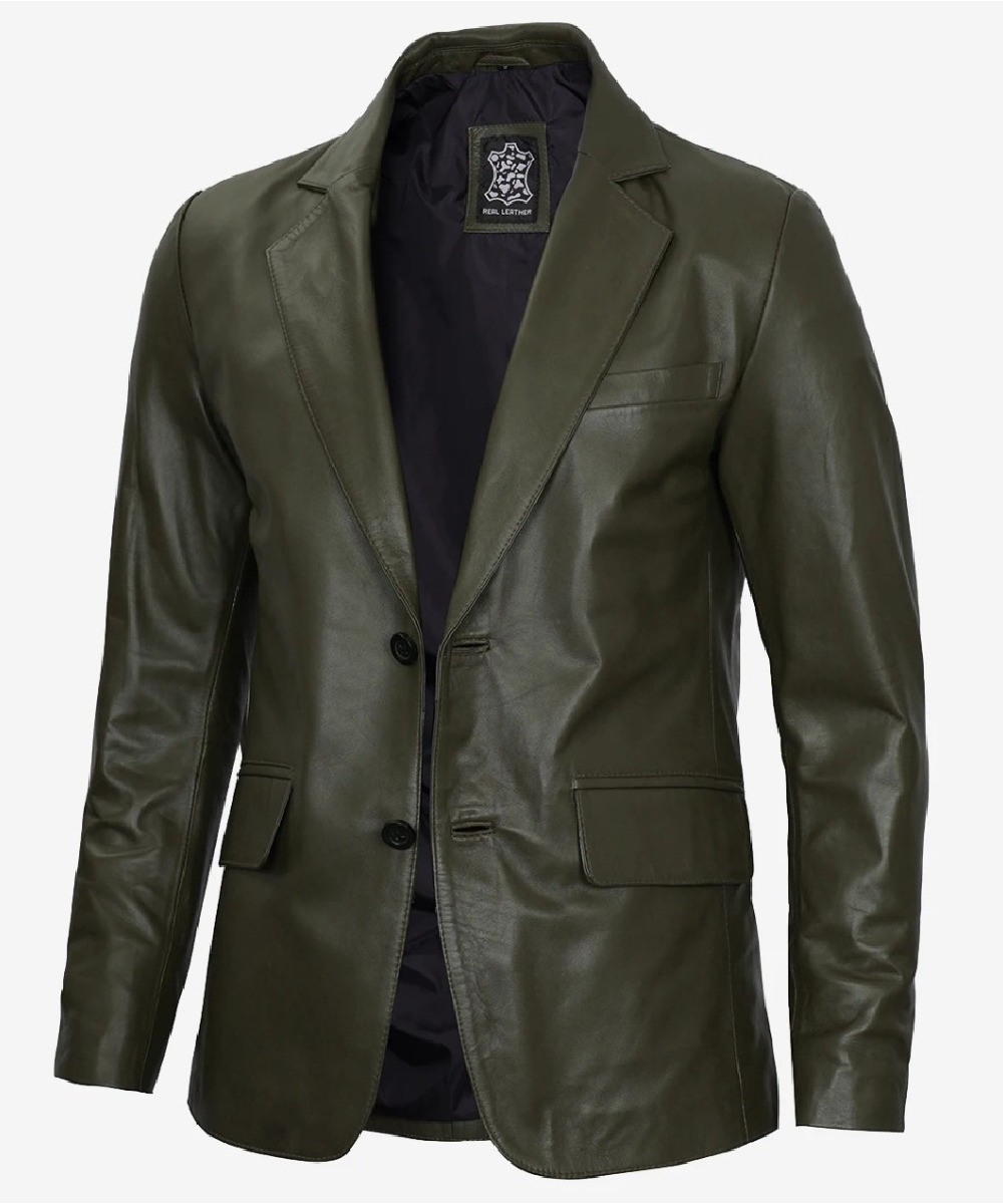 Men’s Olive Green Real Leather Blazer – Two-Button Classic Style