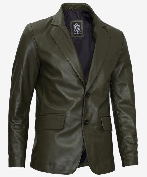 Men’s Olive Green Real Leather Blazer – Two-Button Classic Style