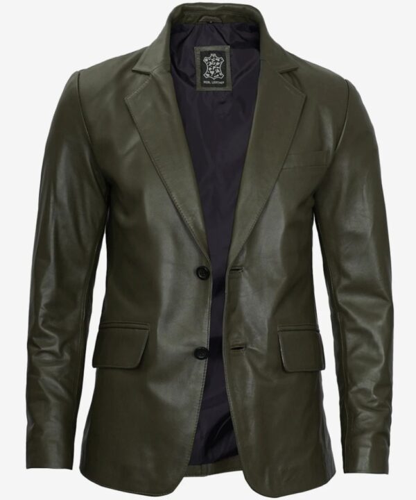 Men’s Olive Green Real Leather Blazer – Two-Button Classic Style