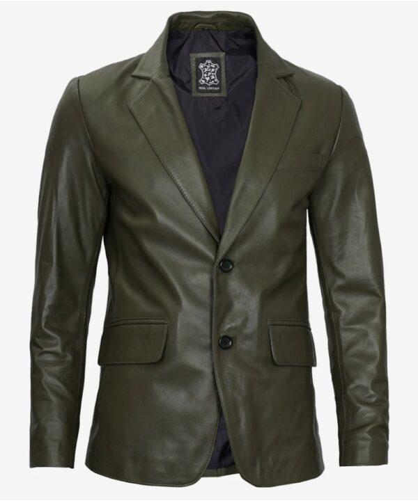 Men’s Olive Green Real Leather Blazer – Two-Button Classic Style