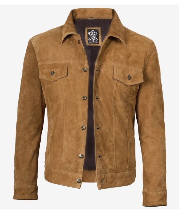 Men’s Tan Real Suede Trucker Jacket – Classic Button-Up Style