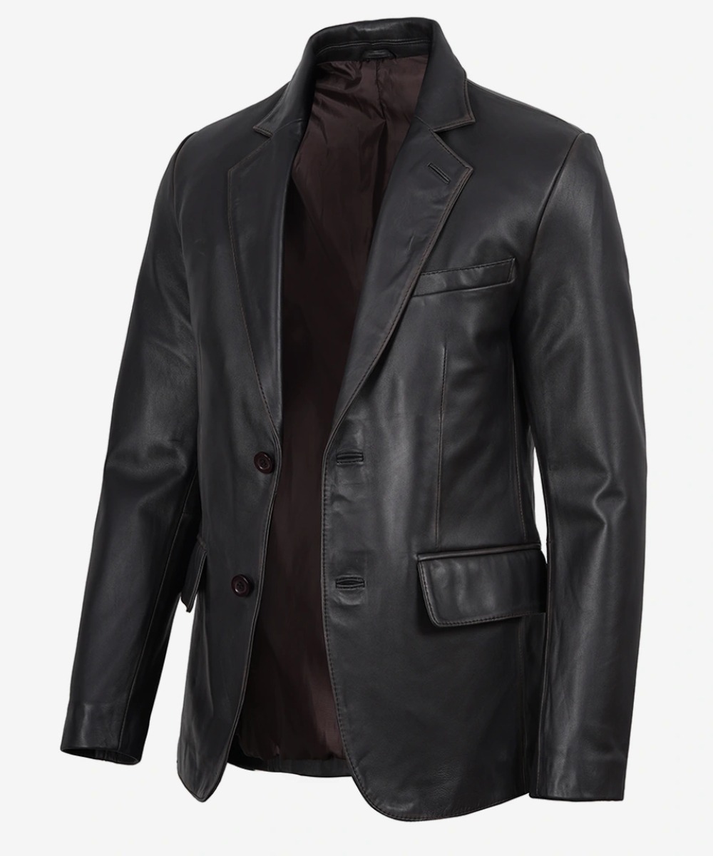 Men’s Vintage Brown Leather Blazer – Classic Two-Button Design