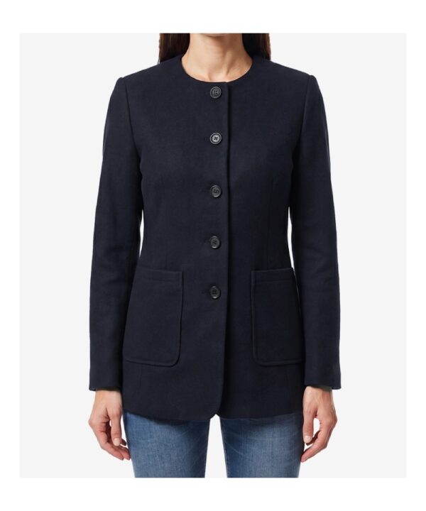 Women’s Navy Blue Wool Jacket – Modern Collarless Winter Style