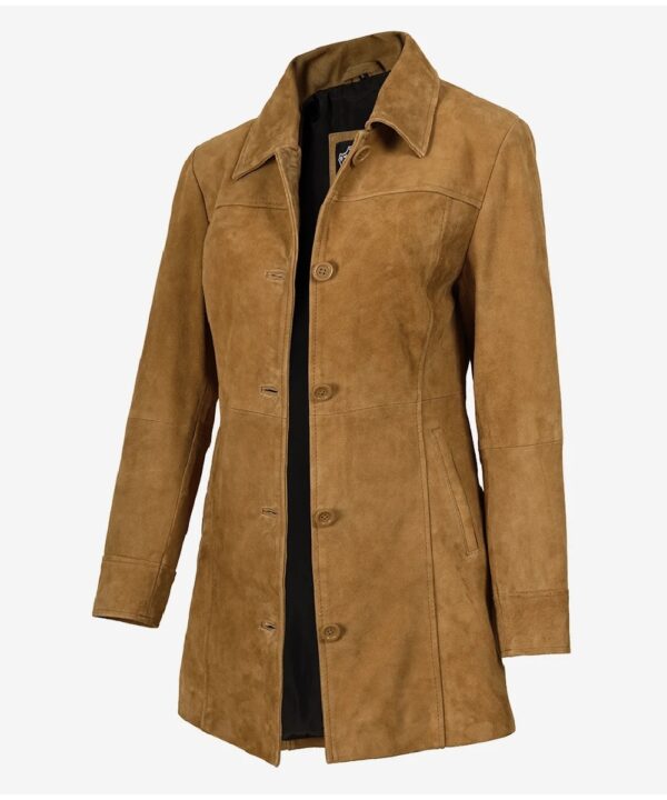 Women’s Premium Brown Suede Coat – Elegant Button-Down Winter Style