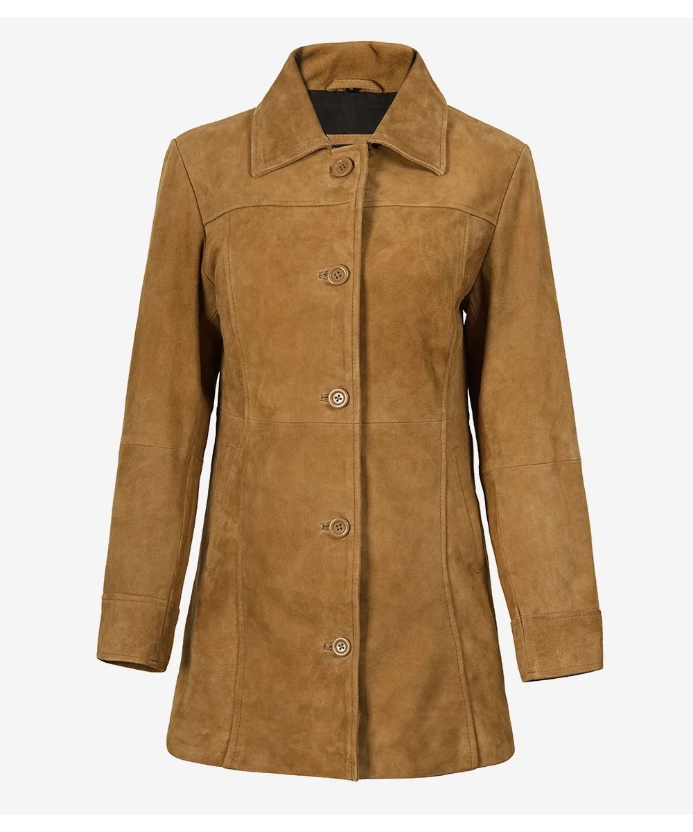 Women’s Premium Brown Suede Coat – Elegant Button-Down Winter Style