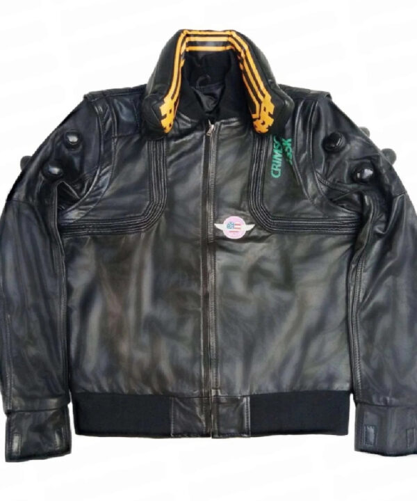 Night City Dreamer Black Cyberpunk Genuine Leather Bomber Jacket