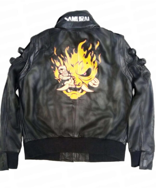 Night City Dreamer Black Cyberpunk Genuine Leather Bomber Jacket