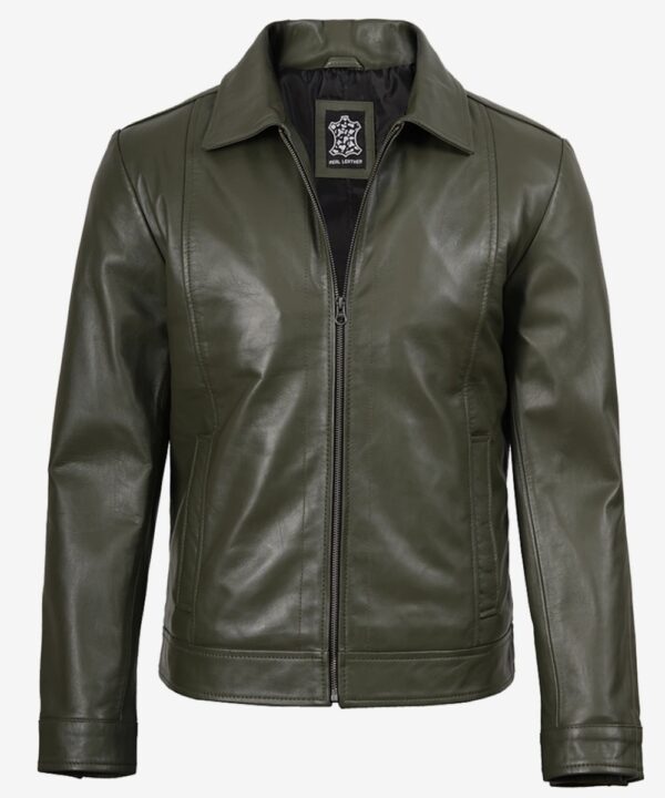 Men’s Olive Green Leather Harrington Jacket – Classic Casual Style