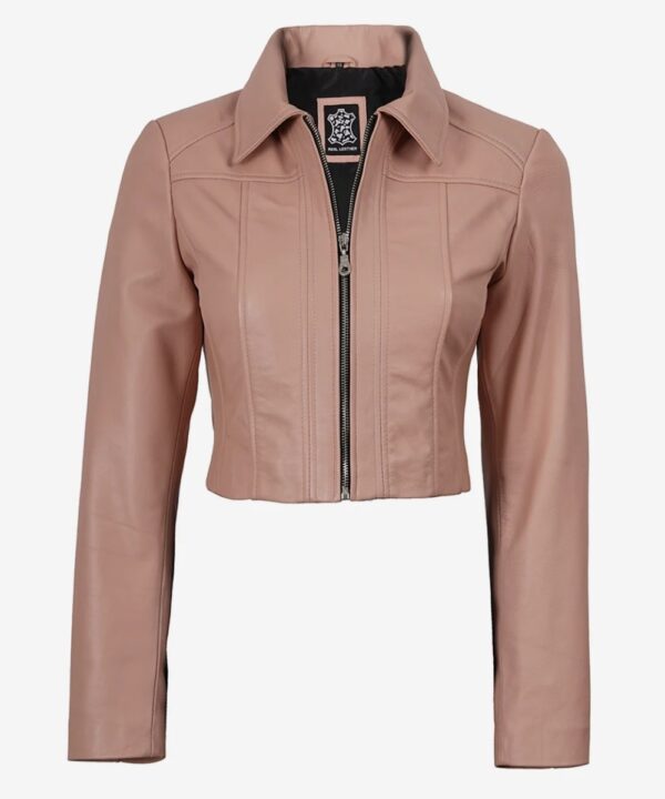 Women’s Pink Cropped Leather Jacket – Classic Shirt Collar