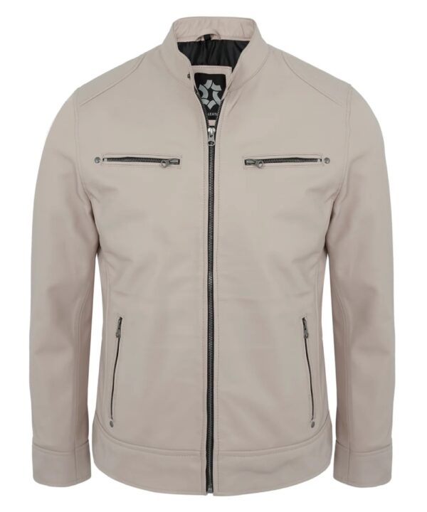 Real Lambskin Beige Cafe Racer Jacket – Men's Biker Leather Jacket
