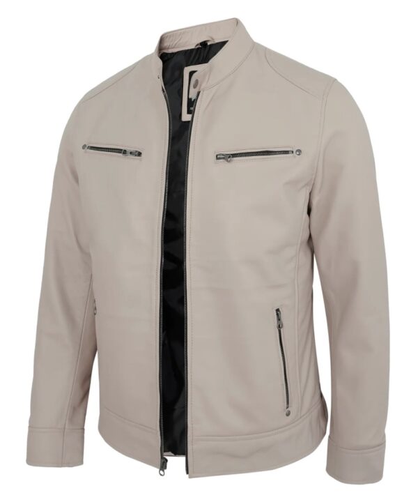 Real Lambskin Beige Cafe Racer Jacket – Men's Biker Leather Jacket