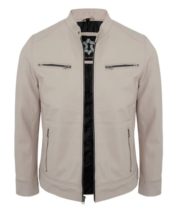 Real Lambskin Beige Cafe Racer Jacket – Men's Biker Leather Jacket