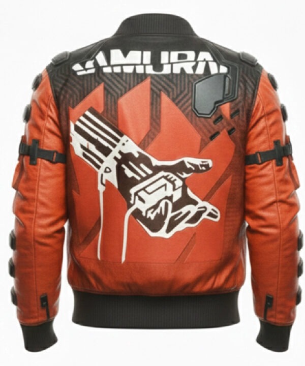 Samurai Cyberpunk Orange Genuine Leather Bomber Jacket