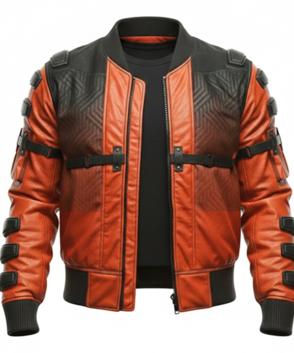 Samurai Cyberpunk Orange Genuine Leather Bomber Jacket