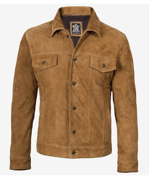 Men’s Tan Real Suede Trucker Jacket – Classic Button-Up Style