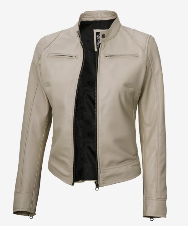 Women’s Beige Leather Café Racer Jacket – Classic Zip-Up Style