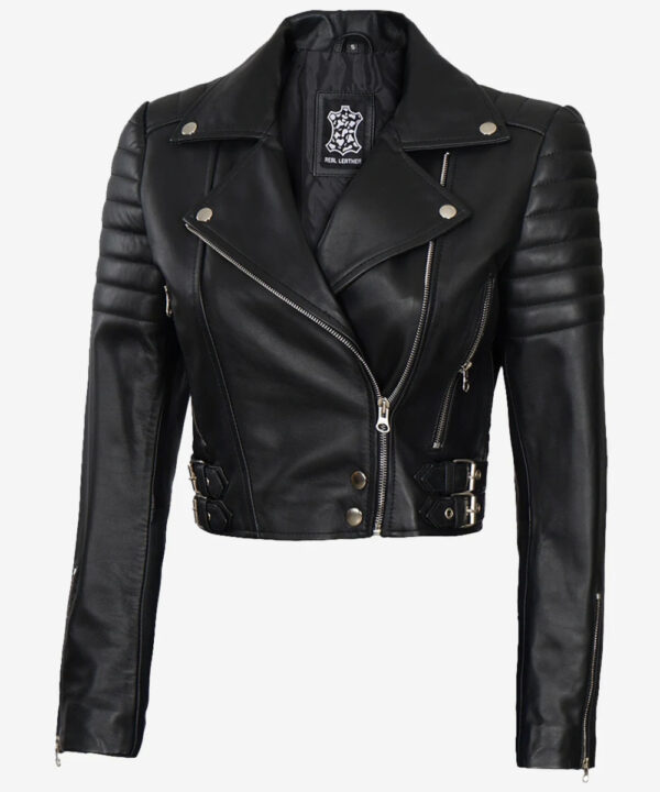 Women’s Black Asymmetric Leather Jacket – Cropped Moto Style