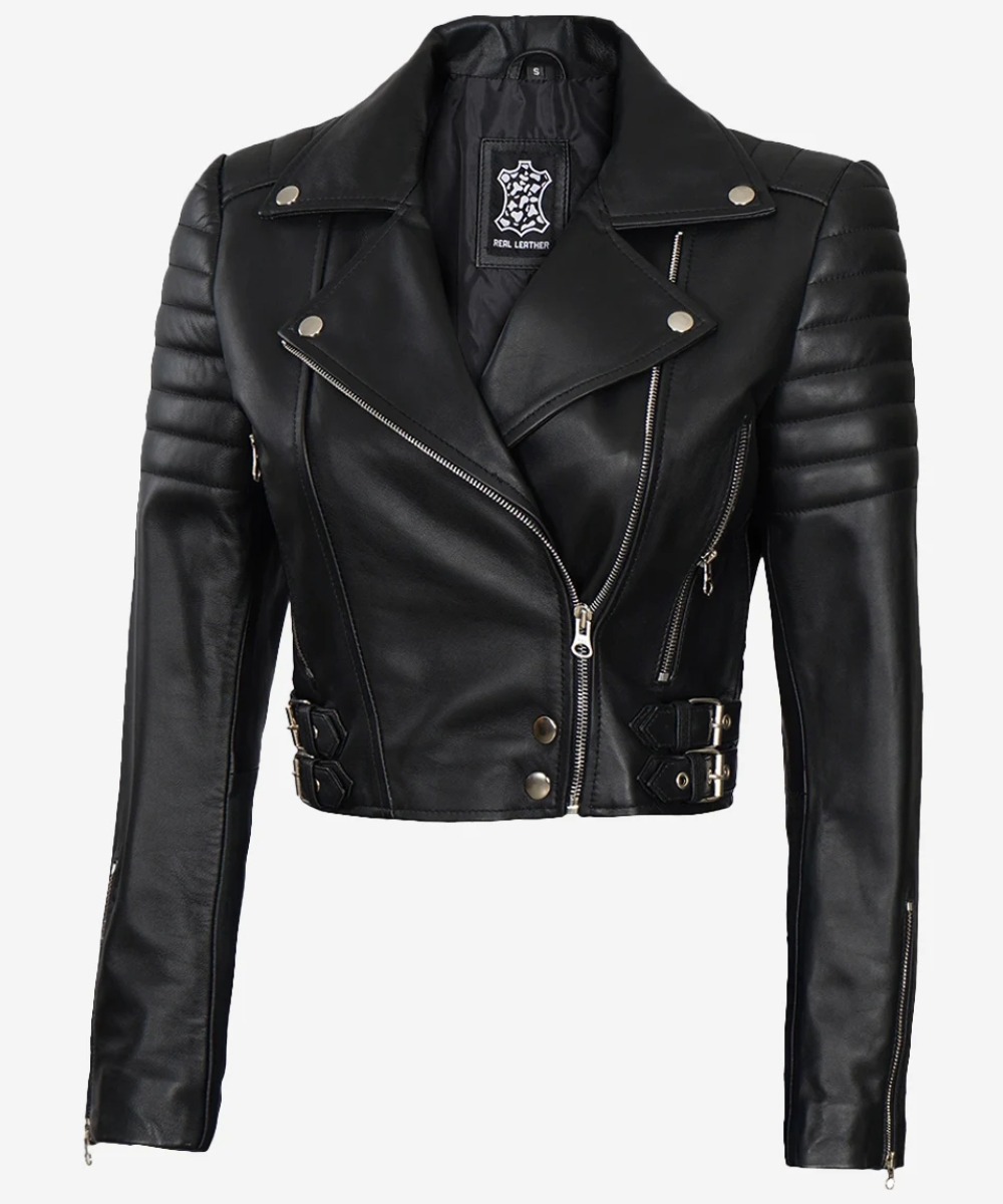 Women’s Black Asymmetric Leather Jacket – Cropped Moto Style