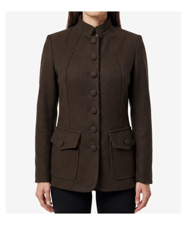 Women’s Brown Wool Military Jacket – Classic Mandarin Collar