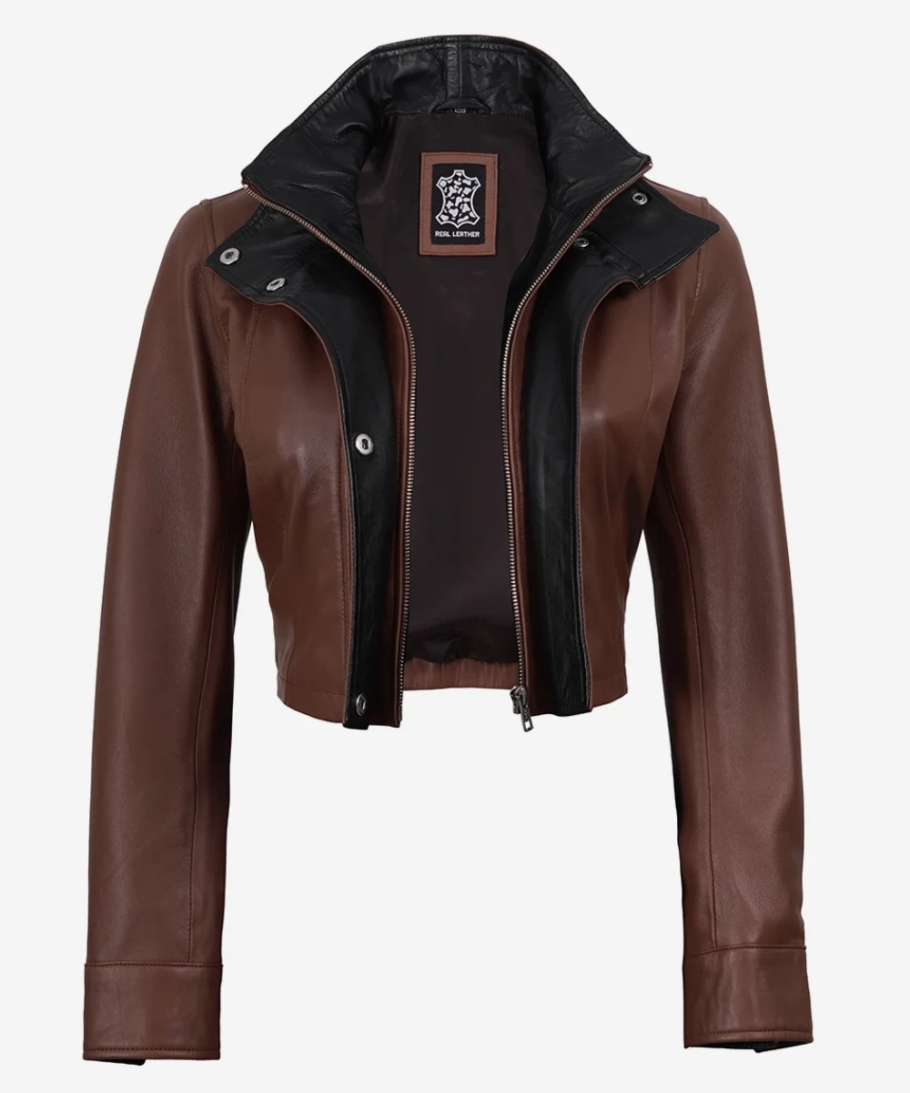 Women’s Cognac Cropped Leather Jacket – Black Accent Design