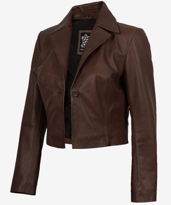 Women’s Cognac Cropped Leather Jacket – Elegant Button-Front Style