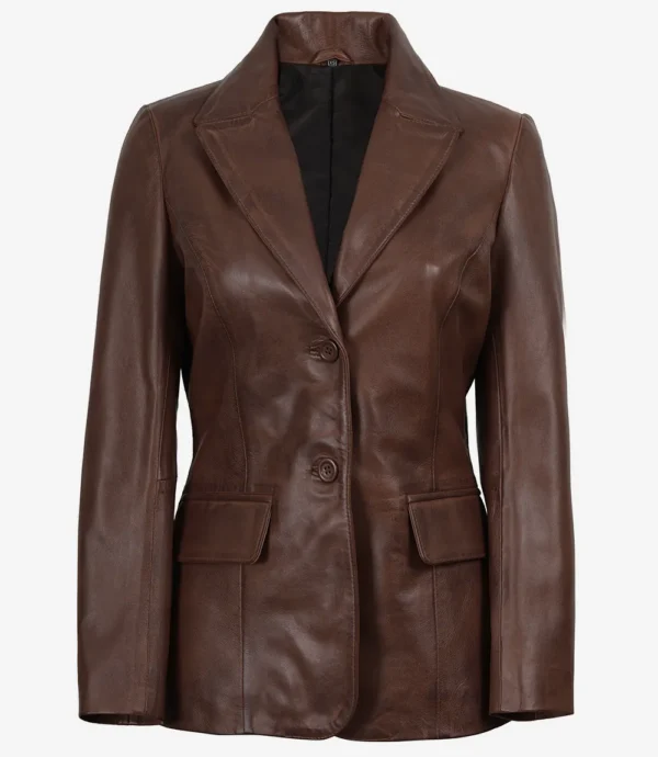 Women's Cognac Waxed Leather Two-Button Blazer