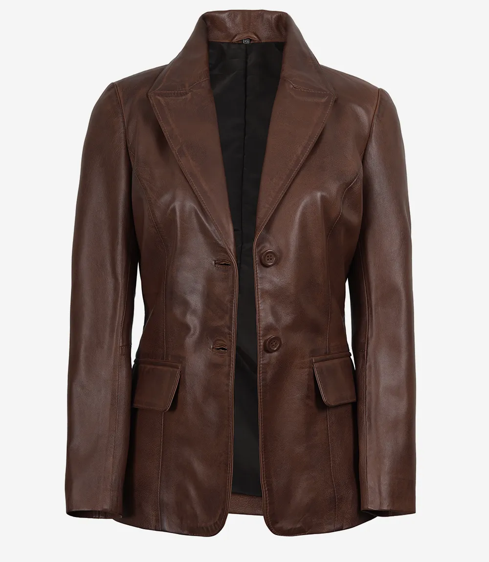 Women's Cognac Waxed Leather Two-Button Blazer