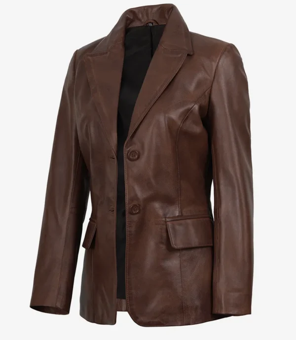 Women's Cognac Waxed Leather Two-Button Blazer