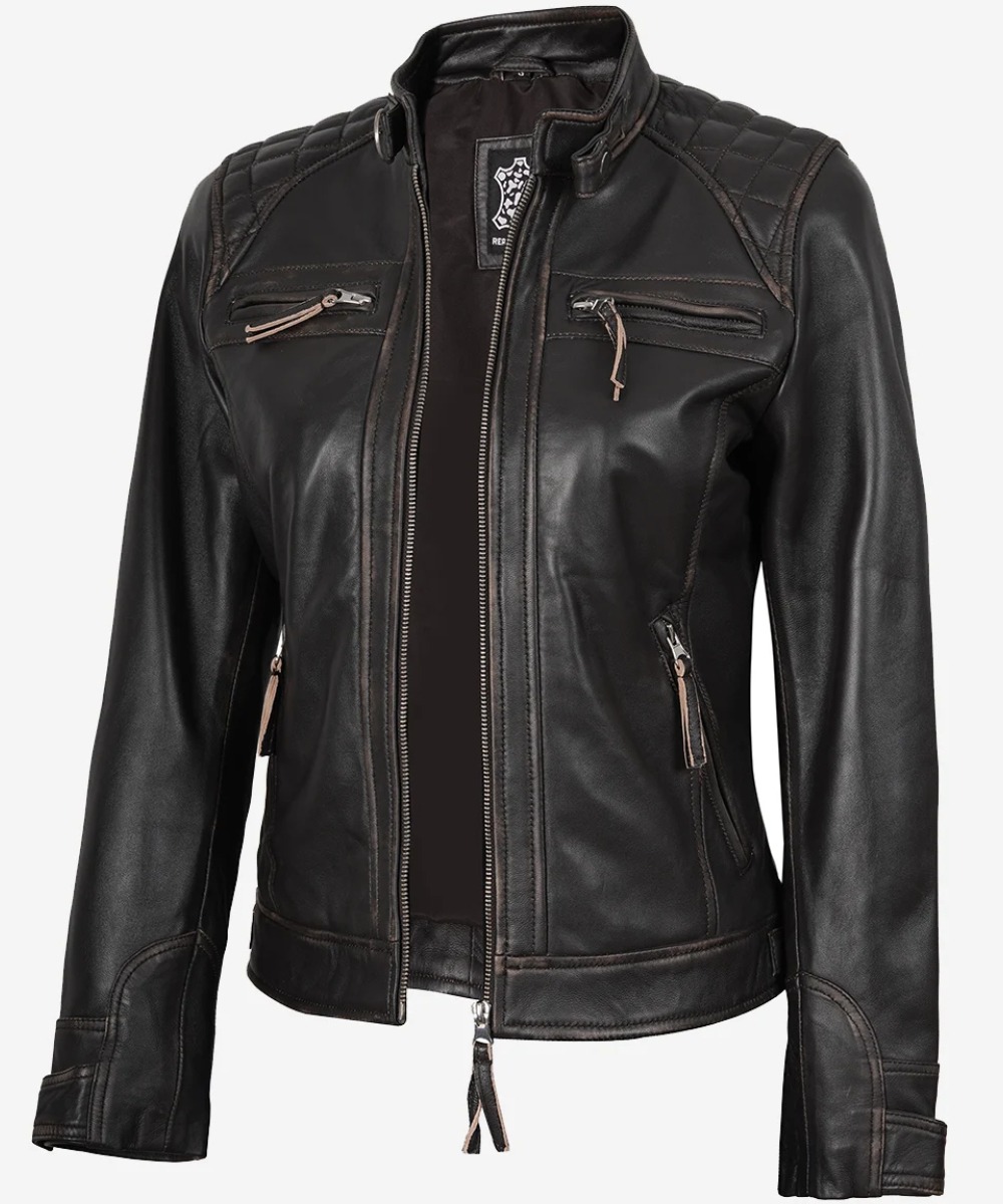Women’s Distressed Brown Leather Biker Jacket – Vintage Rugged Style