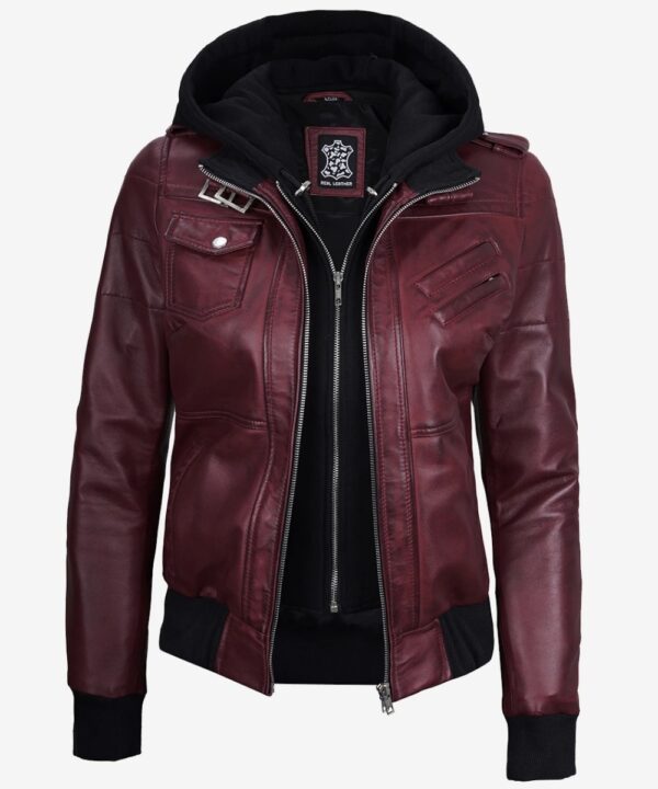 Women’s Maroon Leather Bomber Jacket – Hooded Casual Style