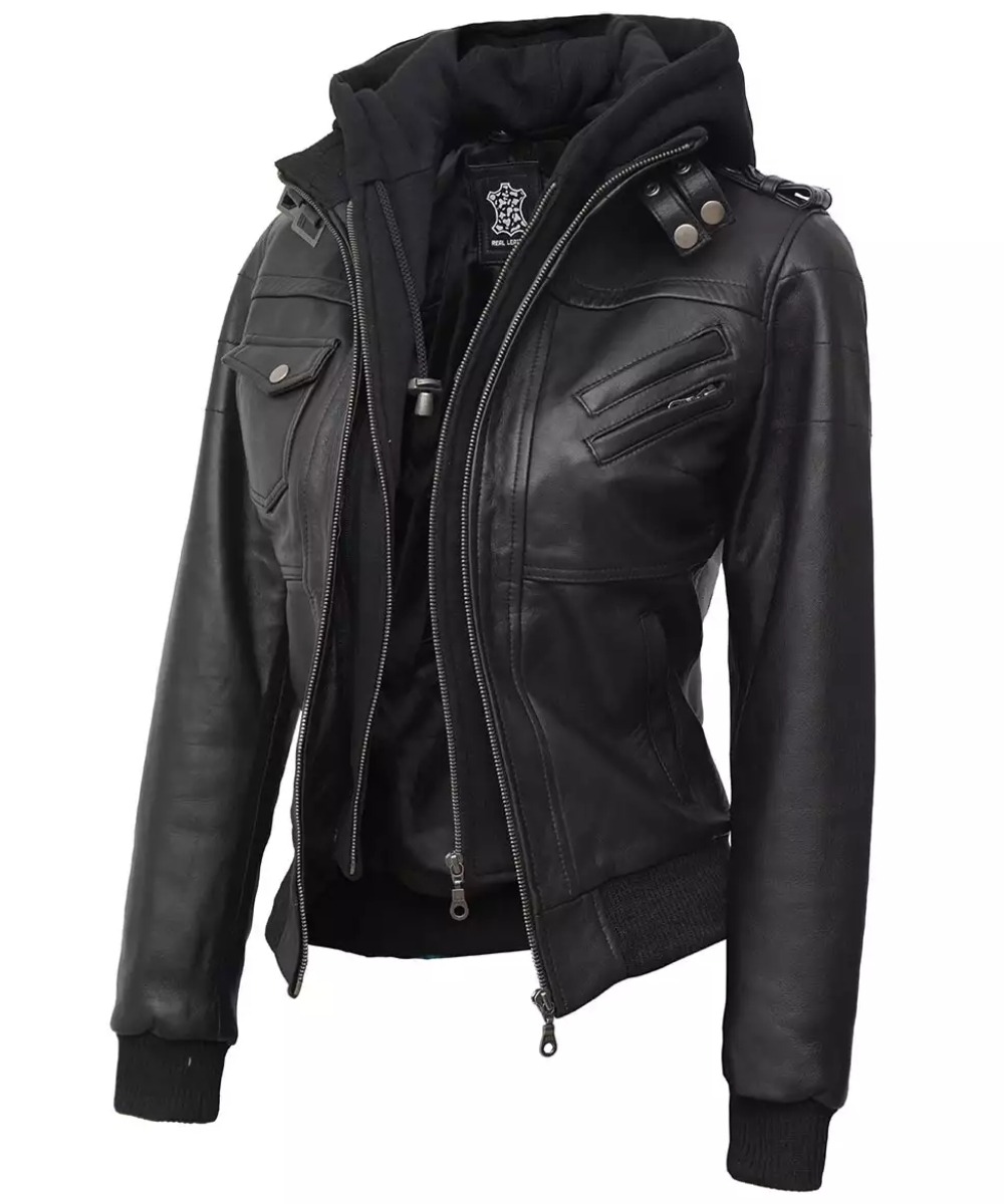 Women’s Petite Black Bomber Jacket – Detachable Hood Design