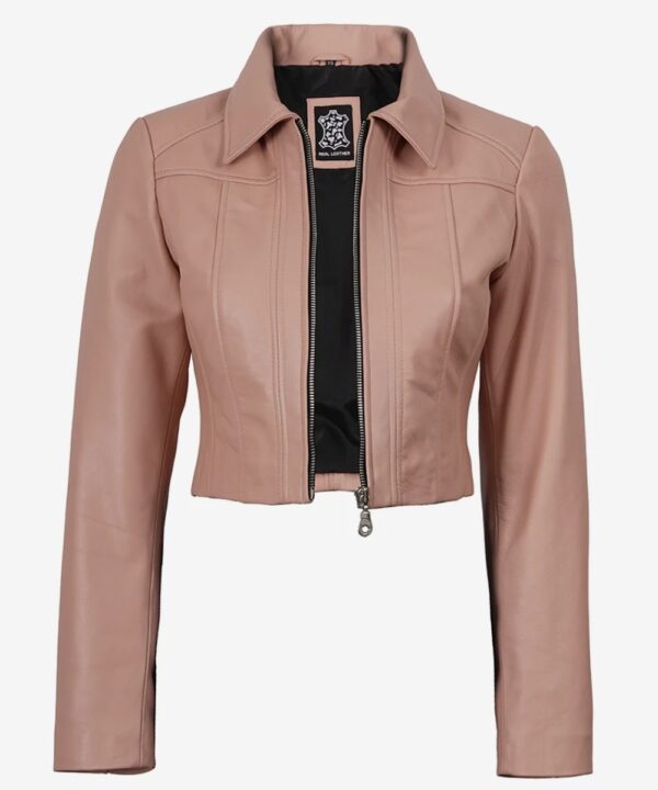 Women’s Pink Cropped Leather Jacket – Classic Shirt Collar