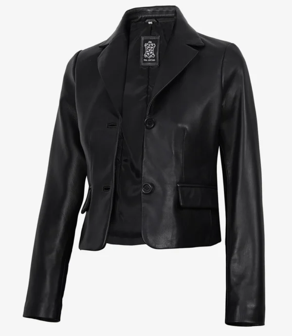 Women's Black Genuine Leather Cropped Blazer – Two Button Tailored Jacket