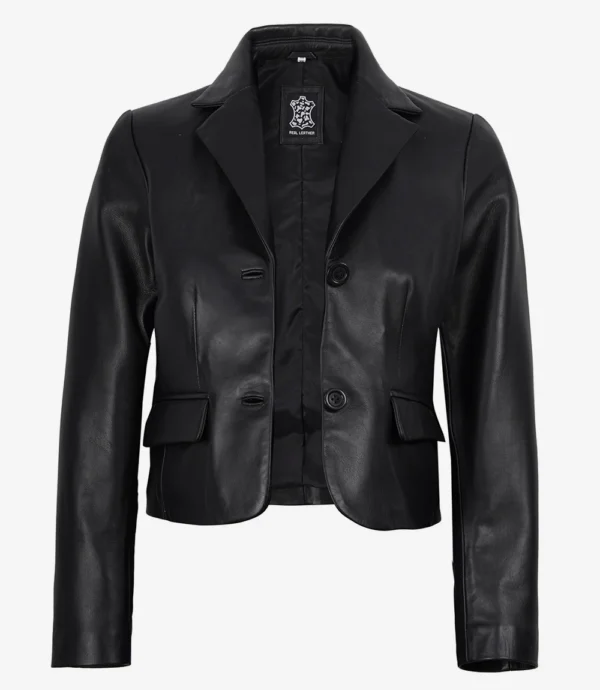 Women's Black Genuine Leather Cropped Blazer – Two Button Tailored Jacket