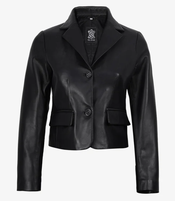 Women's Black Genuine Leather Cropped Blazer – Two Button Tailored Jacket